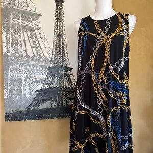 Nine West Chain Print Midi Dress in Black, Gold, and Blue